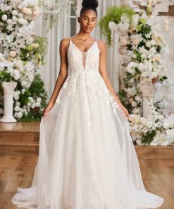 Appliqued Plunging V-neck Spaghetti Straps Wedding Dress Ivory