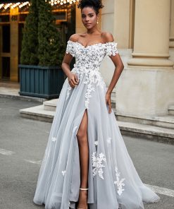 Off-the-shoulder A-line Wedding Dress With Slit Ivory/Grey