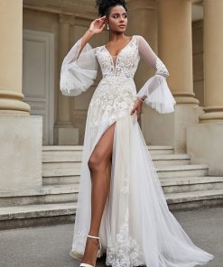 V-Neck A-Line Lace Tulle Wedding Dress As Picture