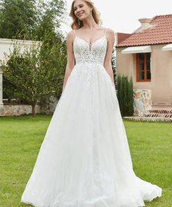 Spaghetti Straps Plunging V-Neck Backless Bridal Gown-Ivory