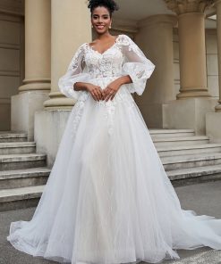 Open Back Long Sleeve Tulle Wedding Dress As Picture